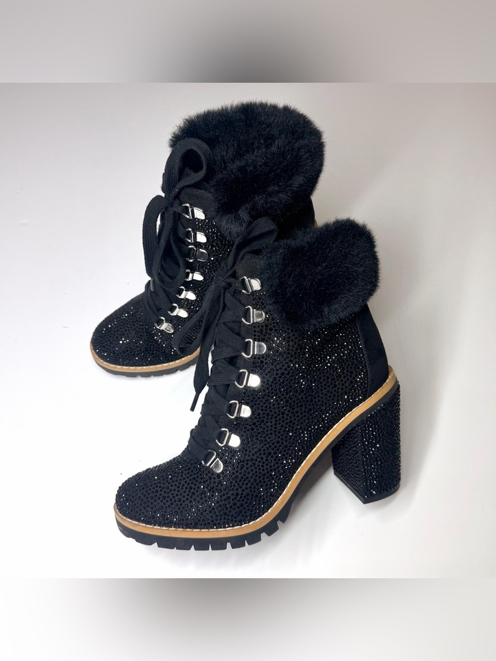 INC International Concepts Women’s Lace-Up Rhinestone Black Booties Size- 6 M